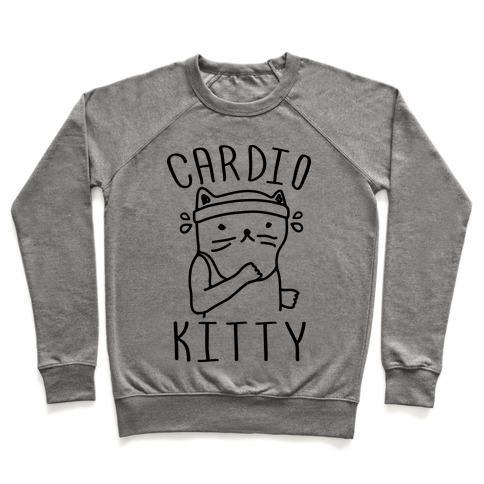 Virgin Teez  Pullover Crewneck Sweatshirt / x-small / Heathered Gray CARDIO KITTY CREWNECK SWEATSHIRT