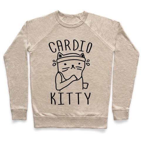 Virgin Teez  Pullover Crewneck Sweatshirt / x-small / Heathered Oatmeal CARDIO KITTY CREWNECK SWEATSHIRT