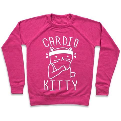 Virgin Teez  Pullover Crewneck Sweatshirt / x-small / Deep Pink CARDIO KITTY CREWNECK SWEATSHIRT