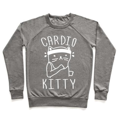 Virgin Teez  Pullover Crewneck Sweatshirt / x-small / Heathered Gray CARDIO KITTY CREWNECK SWEATSHIRT