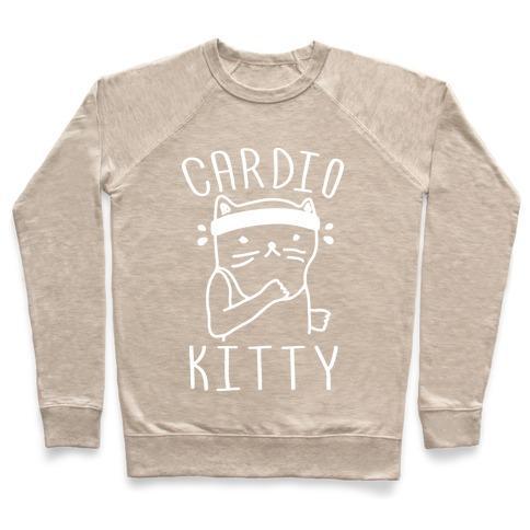 Virgin Teez  Pullover Crewneck Sweatshirt / x-small / Heathered Oatmeal CARDIO KITTY CREWNECK SWEATSHIRT