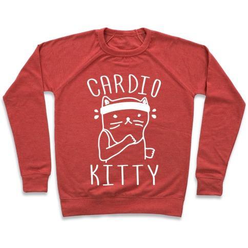 Virgin Teez  Pullover Crewneck Sweatshirt / x-small / Heathered Red CARDIO KITTY CREWNECK SWEATSHIRT