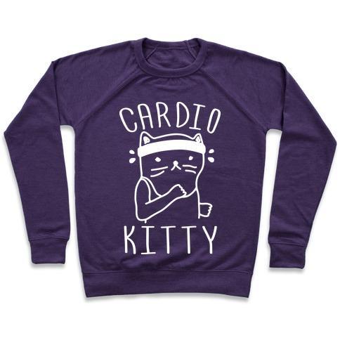 Virgin Teez  Pullover Crewneck Sweatshirt / x-small / Purple CARDIO KITTY CREWNECK SWEATSHIRT
