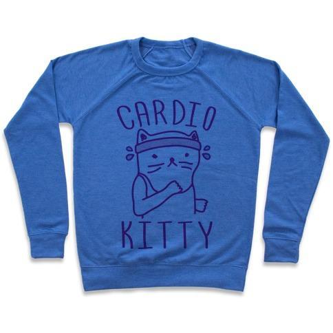 Virgin Teez  Pullover Crewneck Sweatshirt / x-small / Heathered Blue CARDIO KITTY CREWNECK SWEATSHIRT