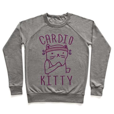 Virgin Teez  Pullover Crewneck Sweatshirt / x-small / Heathered Gray CARDIO KITTY CREWNECK SWEATSHIRT