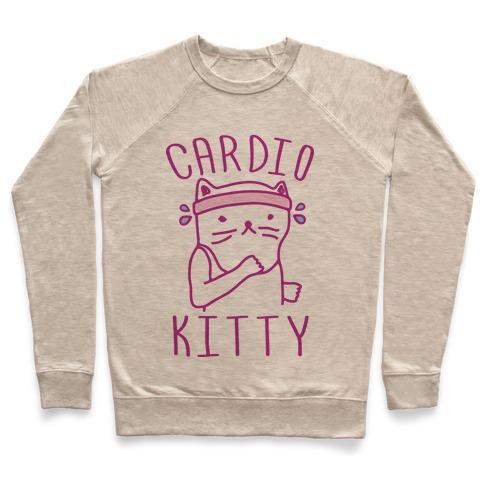 Virgin Teez  Pullover Crewneck Sweatshirt / x-small / Heathered Oatmeal CARDIO KITTY CREWNECK SWEATSHIRT