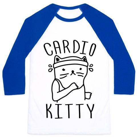Virgin Teez  Baseball Tee Unisex Classic Baseball Tee / x-small / White/Blue CARDIO KITTY UNISEX CLASSIC BASEBALL TEE