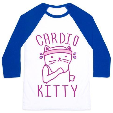 Virgin Teez  Baseball Tee Unisex Classic Baseball Tee / x-small / White/Blue CARDIO KITTY UNISEX CLASSIC BASEBALL TEE