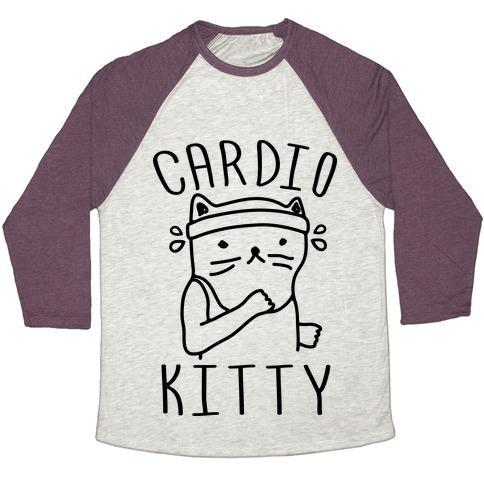 Virgin Teez  Baseball Tee Unisex Tri-Blend Baseball Tee / small / Oatmeal / Maroon CARDIO KITTY UNISEX TRI-BLEND BASEBALL TEE