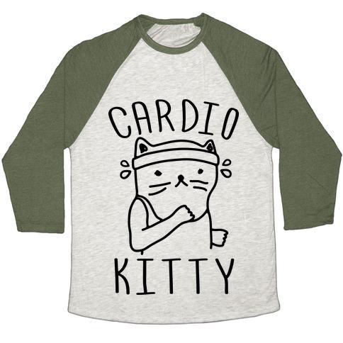 Virgin Teez  Baseball Tee Unisex Tri-Blend Baseball Tee / small / Oatmeal / Moss CARDIO KITTY UNISEX TRI-BLEND BASEBALL TEE