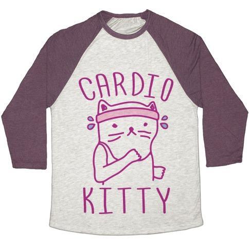 Virgin Teez  Baseball Tee Unisex Tri-Blend Baseball Tee / small / Oatmeal / Maroon CARDIO KITTY UNISEX TRI-BLEND BASEBALL TEE