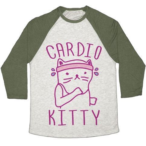 Virgin Teez  Baseball Tee Unisex Tri-Blend Baseball Tee / small / Oatmeal / Moss CARDIO KITTY UNISEX TRI-BLEND BASEBALL TEE