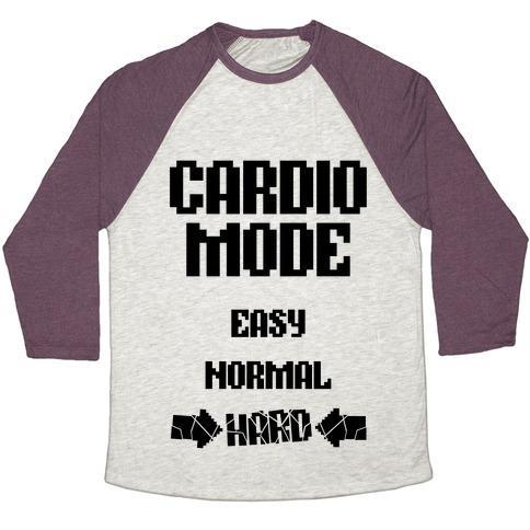 Virgin Teez  Baseball Tee Unisex Tri-Blend Baseball Tee / small / Oatmeal / Maroon CARDIO MODE: HARD UNISEX TRI-BLEND BASEBALL TEE