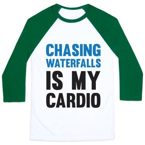 Virgin Teez  Baseball Tee Unisex Classic Baseball Tee / x-small / White/Dark Green CHASING WATERFALLS IS MY CARDIO UNISEX CLASSIC BASEBALL TEE