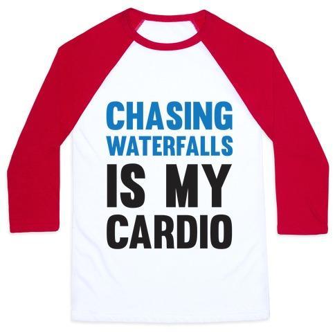 Virgin Teez  Baseball Tee Unisex Classic Baseball Tee / x-small / White/Red CHASING WATERFALLS IS MY CARDIO UNISEX CLASSIC BASEBALL TEE