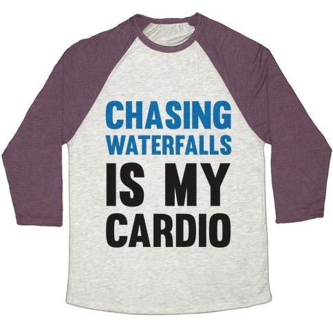 Virgin Teez  Baseball Tee Unisex Tri-Blend Baseball Tee / small / Oatmeal / Maroon CHASING WATERFALLS IS MY CARDIO UNISEX TRI-BLEND BASEBALL TEE