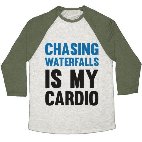 Virgin Teez  Baseball Tee Unisex Tri-Blend Baseball Tee / small / Oatmeal / Moss CHASING WATERFALLS IS MY CARDIO UNISEX TRI-BLEND BASEBALL TEE