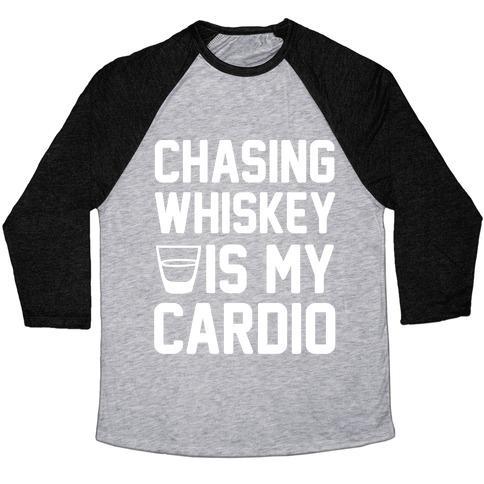 Virgin Teez  Baseball Tee Unisex Tri-Blend Baseball Tee / small / Athletic Gray / Black CHASING WHISKEY IS MY CARDIO UNISEX TRI-BLEND BASEBALL TEE