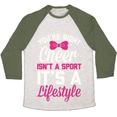 Virgin Teez  Baseball Tee Unisex Tri-Blend Baseball Tee / small / Oatmeal / Moss CHEER ISN'T A SPORT, IT'S A LIFESTYLE UNISEX TRI-BLEND BASEBALL TEE
