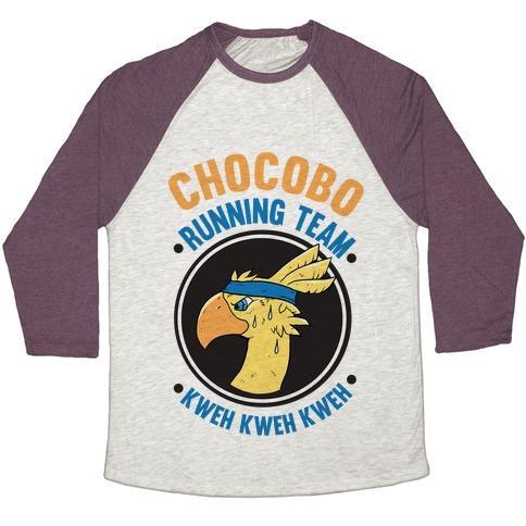 Virgin Teez  Baseball Tee Unisex Tri-Blend Baseball Tee / small / Oatmeal / Maroon CHOCOBO RUNNING TEAM KWEH! UNISEX TRI-BLEND BASEBALL TEE
