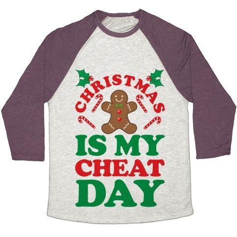 Virgin Teez  Baseball Tee Unisex Tri-Blend Baseball Tee / small / Oatmeal / Maroon CHRISTMAS IS MY CHEAT DAY UNISEX TRI-BLEND BASEBALL TEE
