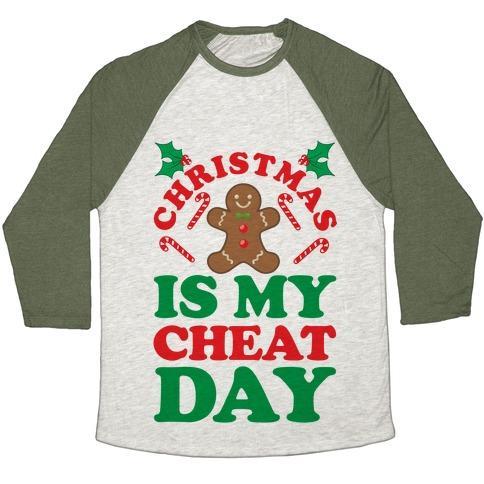 Virgin Teez  Baseball Tee Unisex Tri-Blend Baseball Tee / small / Oatmeal / Moss CHRISTMAS IS MY CHEAT DAY UNISEX TRI-BLEND BASEBALL TEE