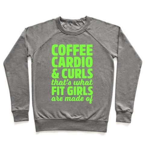 Virgin Teez  Pullover Crewneck Sweatshirt / x-small / Heathered Gray COFFEE CARDIO & CURLS THAT'S WHAT FIT GIRLS ARE MADE OF CREWNECK SWEATSHIRT