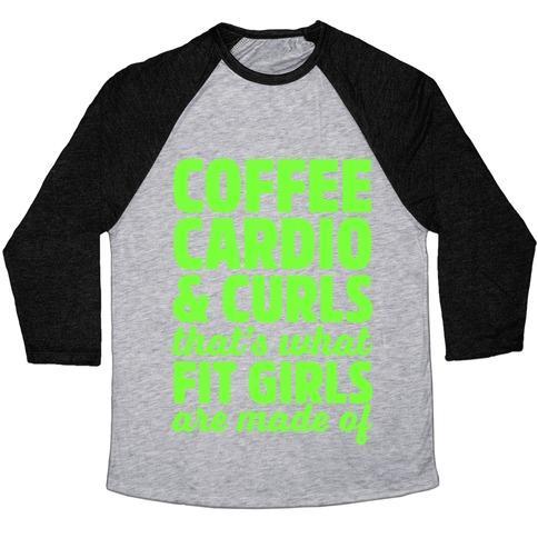 Virgin Teez  Baseball Tee Unisex Tri-Blend Baseball Tee / small / Athletic Gray / Black COFFEE CARDIO & CURLS THAT'S WHAT FIT GIRLS ARE MADE OF UNISEX TRI-BLEND BASEBALL TEE