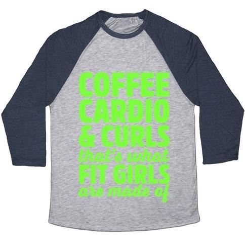 Virgin Teez  Baseball Tee Unisex Tri-Blend Baseball Tee / small / Athletic Gray / Navy COFFEE CARDIO & CURLS THAT'S WHAT FIT GIRLS ARE MADE OF UNISEX TRI-BLEND BASEBALL TEE