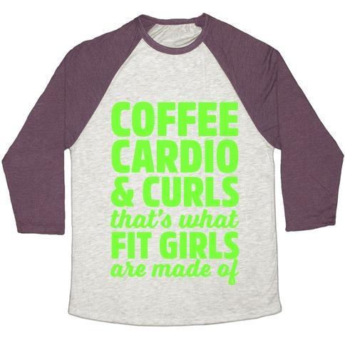 Virgin Teez  Baseball Tee Unisex Tri-Blend Baseball Tee / small / Oatmeal / Maroon COFFEE CARDIO & CURLS THAT'S WHAT FIT GIRLS ARE MADE OF UNISEX TRI-BLEND BASEBALL TEE