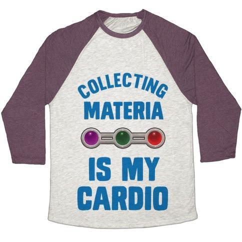 Virgin Teez  Baseball Tee Unisex Tri-Blend Baseball Tee / small / Oatmeal / Maroon COLLECTING MATERIA IS MY CARDIO UNISEX TRI-BLEND BASEBALL TEE