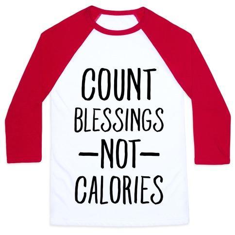 Virgin Teez  Baseball Tee Unisex Classic Baseball Tee / x-small / White/Red COUNT BLESSINGS NOT CALORIES UNISEX CLASSIC BASEBALL TEE