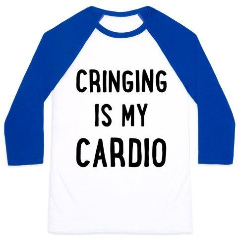 Virgin Teez  Baseball Tee Unisex Classic Baseball Tee / x-small / White/Blue CRINGING IS MY CARDIO UNISEX CLASSIC BASEBALL TEE