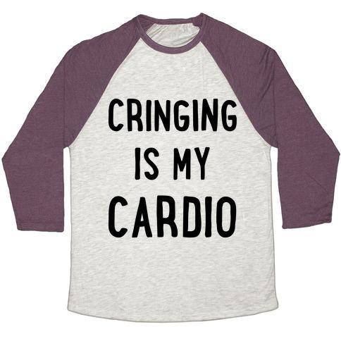 Virgin Teez  Baseball Tee Unisex Tri-Blend Baseball Tee / small / Oatmeal / Maroon CRINGING IS MY CARDIO UNISEX TRI-BLEND BASEBALL TEE