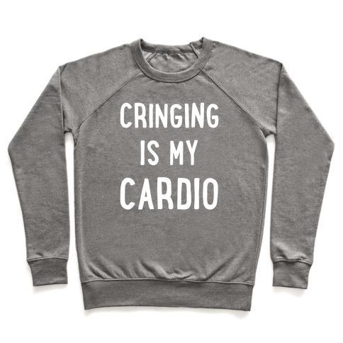 Virgin Teez  Pullover Crewneck Sweatshirt / x-small / Heathered Gray CRINGING IS MY CARDIO WHITE PRINT CREWNECK SWEATSHIRT