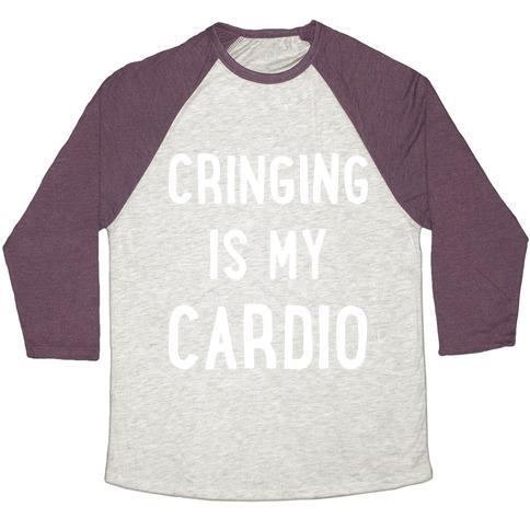 Virgin Teez  Baseball Tee Unisex Tri-Blend Baseball Tee / small / Oatmeal / Maroon CRINGING IS MY CARDIO WHITE PRINT UNISEX TRI-BLEND BASEBALL TEE
