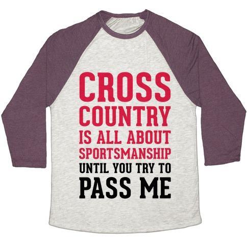 Virgin Teez  Baseball Tee Unisex Tri-Blend Baseball Tee / small / Oatmeal / Maroon CROSS COUNTRY IS ALL ABOUT SPORTSMANSHIP UNISEX TRI-BLEND BASEBALL TEE