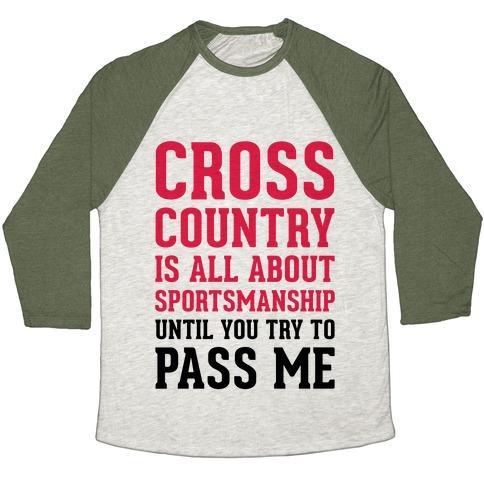 Virgin Teez  Baseball Tee Unisex Tri-Blend Baseball Tee / small / Oatmeal / Moss CROSS COUNTRY IS ALL ABOUT SPORTSMANSHIP UNISEX TRI-BLEND BASEBALL TEE