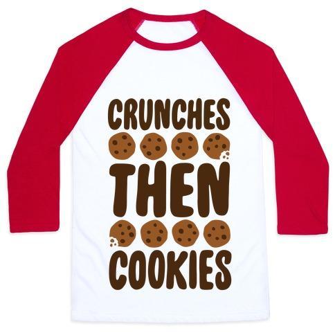 Virgin Teez  Baseball Tee Unisex Classic Baseball Tee / x-small / White/Red CRUNCHES THEN COOKIES UNISEX CLASSIC BASEBALL TEE