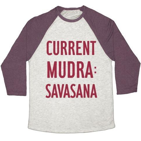 Virgin Teez  Baseball Tee Unisex Tri-Blend Baseball Tee / small / Oatmeal / Maroon CURRENT MUDRA: SAVASANA UNISEX TRI-BLEND BASEBALL TEE