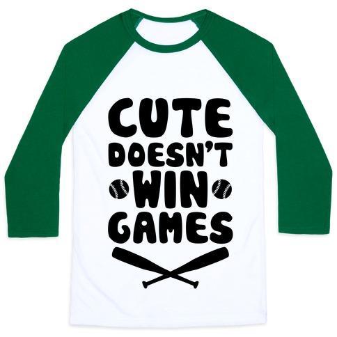 Virgin Teez  Baseball Tee Unisex Classic Baseball Tee / x-small / White/Dark Green CUTE DOESN'T WIN GAMES UNISEX CLASSIC BASEBALL TEE