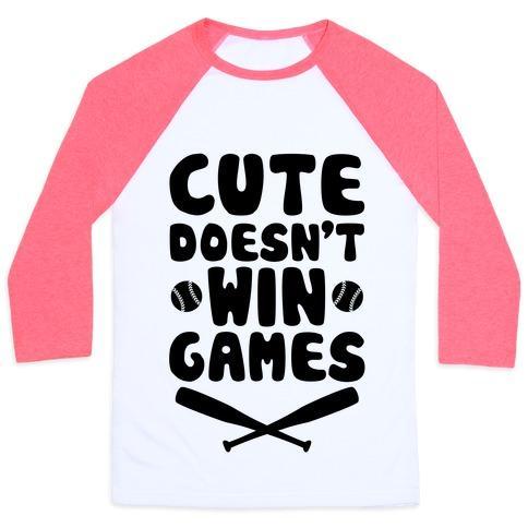 Virgin Teez  Baseball Tee Unisex Classic Baseball Tee / x-small / White/Neon Pink CUTE DOESN'T WIN GAMES UNISEX CLASSIC BASEBALL TEE