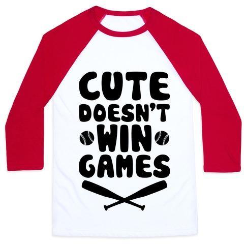 Virgin Teez  Baseball Tee Unisex Classic Baseball Tee / x-small / White/Red CUTE DOESN'T WIN GAMES UNISEX CLASSIC BASEBALL TEE