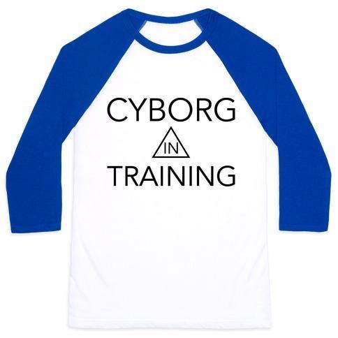 Virgin Teez  Baseball Tee Unisex Classic Baseball Tee / x-small / White/Blue CYBORG IN TRAINING UNISEX CLASSIC BASEBALL TEE