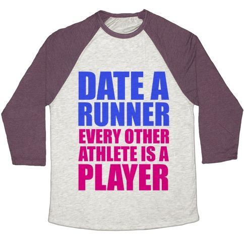 Virgin Teez  Baseball Tee Unisex Tri-Blend Baseball Tee / small / Oatmeal / Maroon DATE A RUNNER UNISEX TRI-BLEND BASEBALL TEE