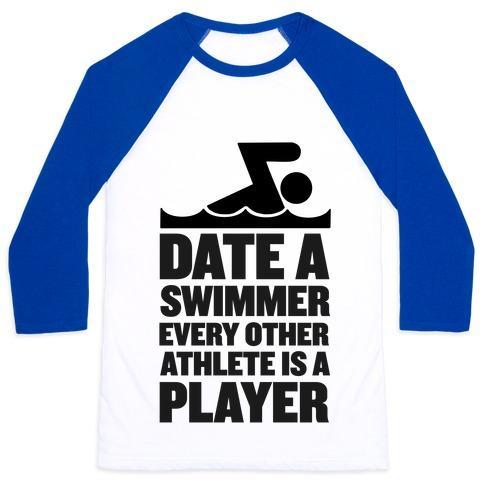 Virgin Teez  Baseball Tee Unisex Classic Baseball Tee / x-small / White/Blue DATE A SWIMMER, EVERY OTHER ATHLETE IS A PLAYER UNISEX CLASSIC BASEBALL TEE