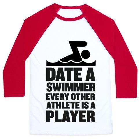 Virgin Teez  Baseball Tee Unisex Classic Baseball Tee / x-small / White/Red DATE A SWIMMER, EVERY OTHER ATHLETE IS A PLAYER UNISEX CLASSIC BASEBALL TEE