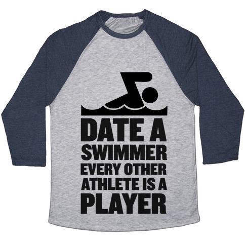 Virgin Teez  Baseball Tee Unisex Tri-Blend Baseball Tee / small / Athletic Gray / Navy DATE A SWIMMER, EVERY OTHER ATHLETE IS A PLAYER UNISEX TRI-BLEND BASEBALL TEE