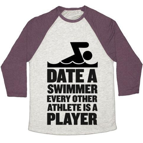 Virgin Teez  Baseball Tee Unisex Tri-Blend Baseball Tee / small / Oatmeal / Maroon DATE A SWIMMER, EVERY OTHER ATHLETE IS A PLAYER UNISEX TRI-BLEND BASEBALL TEE
