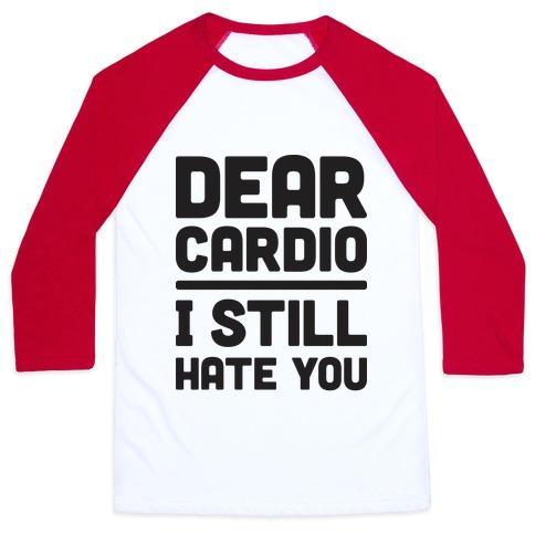 Virgin Teez  Baseball Tee Unisex Classic Baseball Tee / x-small / White/Red DEAR CARDIO I STILL HATE YOU UNISEX CLASSIC BASEBALL TEE